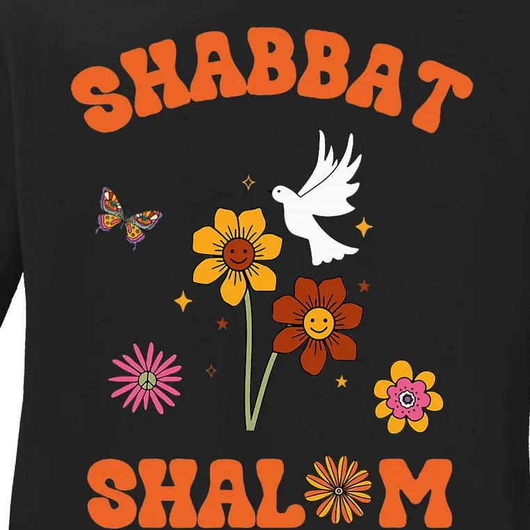 Shabbat Shalom Retro 60s 70s Groovy Hippie Flowers Peace Ladies Long Sleeve Shirt