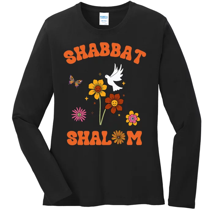 Shabbat Shalom Retro 60s 70s Groovy Hippie Flowers Peace Ladies Long Sleeve Shirt