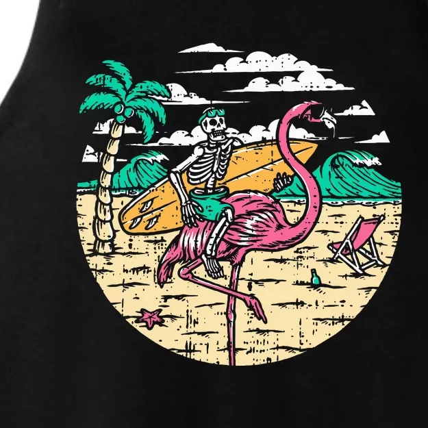 Skeleton Surfer Riding Flamingo Halloween Costume Surfing Ladies Tri-Blend Wicking Tank