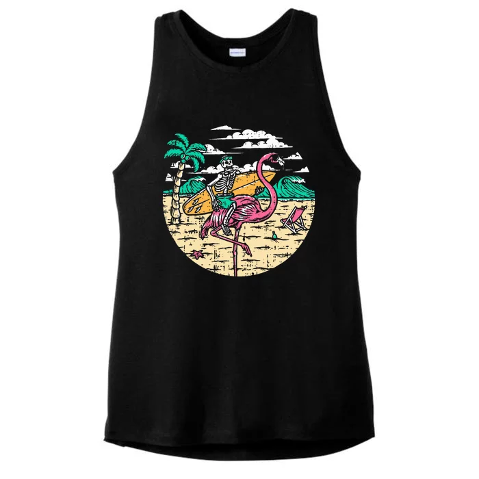 Skeleton Surfer Riding Flamingo Halloween Costume Surfing Ladies Tri-Blend Wicking Tank