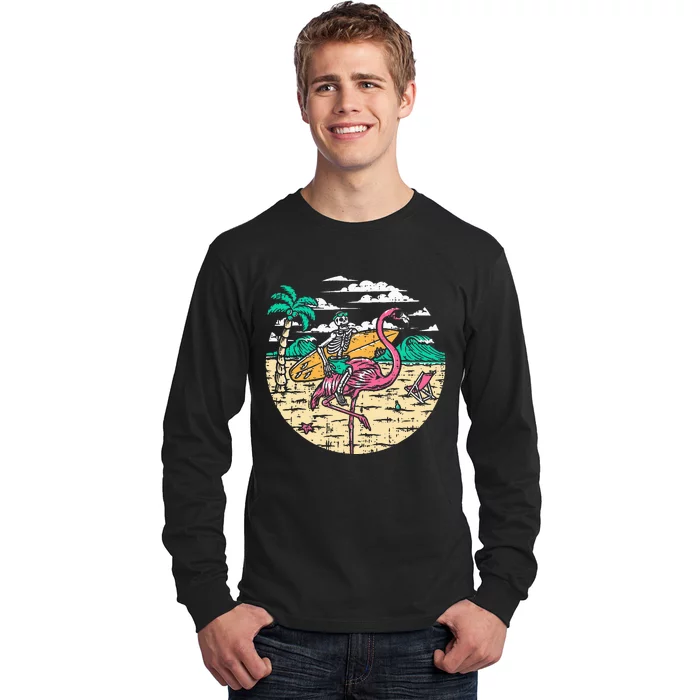 Skeleton Surfer Riding Flamingo Halloween Costume Surfing Long Sleeve Shirt