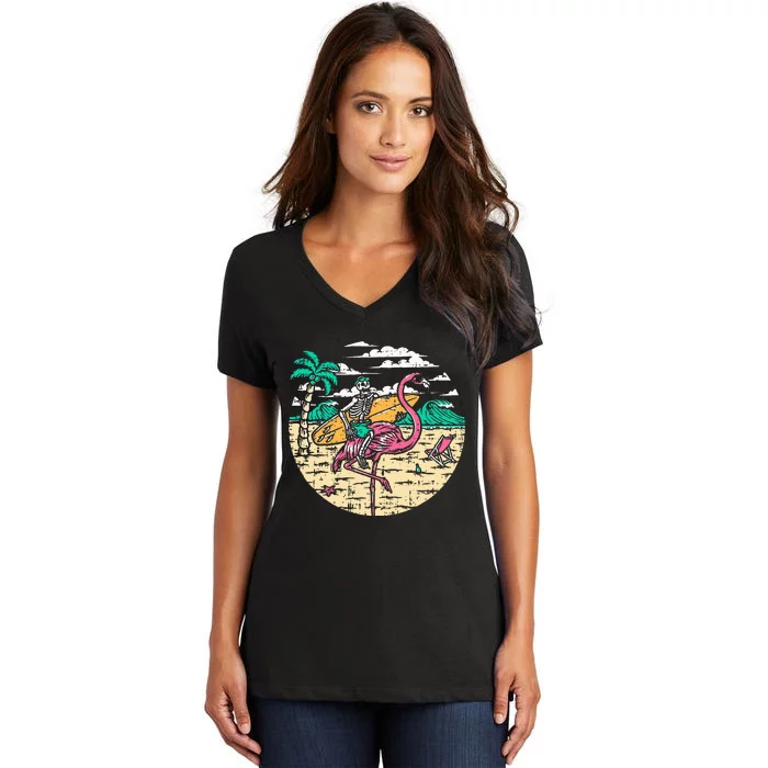 Skeleton Surfer Riding Flamingo Halloween Costume Surfing Women's V-Neck T-Shirt