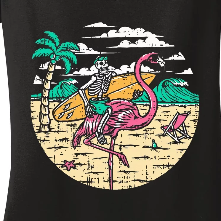 Skeleton Surfer Riding Flamingo Halloween Costume Surfing Women's V-Neck T-Shirt