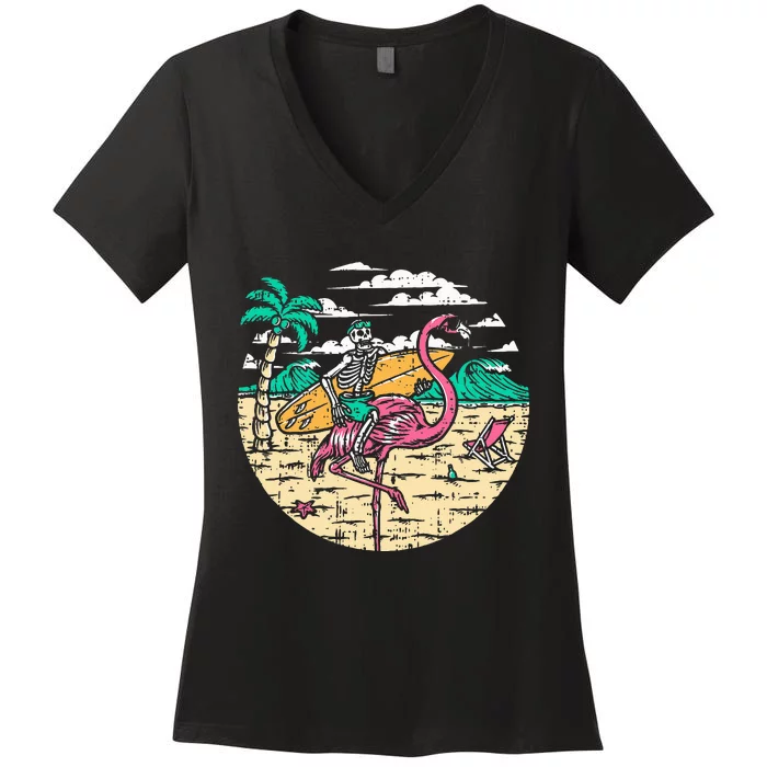 Skeleton Surfer Riding Flamingo Halloween Costume Surfing Women's V-Neck T-Shirt