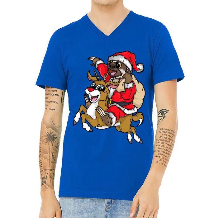 Santa Sloth Riding Rudolph Reindeer Christmas Merry Slothmas Gift V-Neck T-Shirt