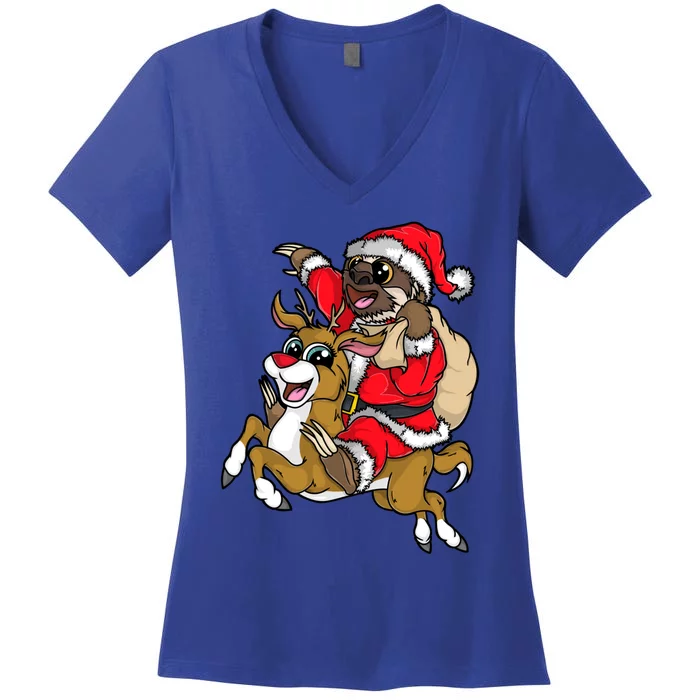 Santa Sloth Riding Rudolph Reindeer Christmas Merry Slothmas Gift Women's V-Neck T-Shirt