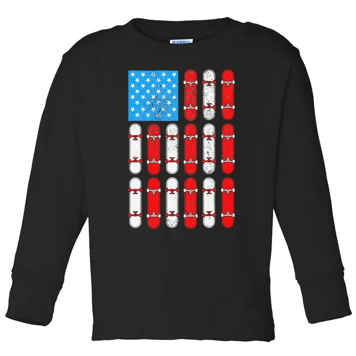 Skateboard Skateboarding Skater American Flag Patriotic Gift Toddler Long Sleeve Shirt