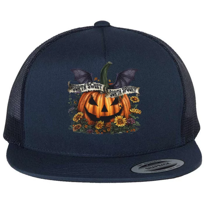 Sorta Sweet Sorta Spooky Flower Pumpkin Halloween Flat Bill Trucker Hat