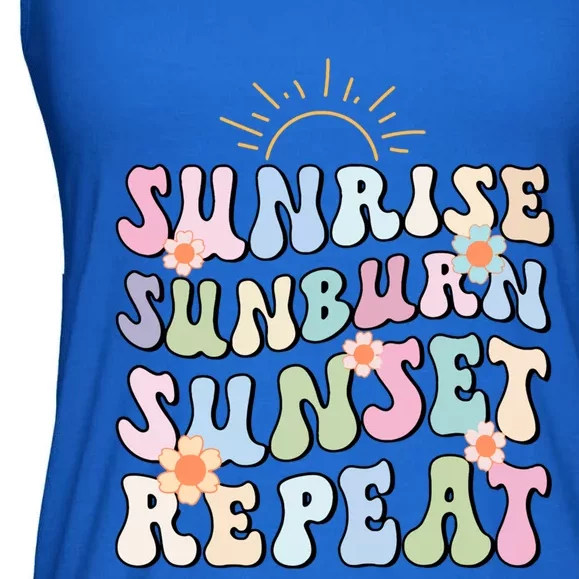 Sunrise Sunburn Sunset Repeat Pink Flowers Retro Wavy Groovy Gift Ladies Essential Flowy Tank