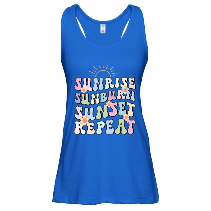 Sunrise Sunburn Sunset Repeat Pink Flowers Retro Wavy Groovy Gift Ladies Essential Flowy Tank