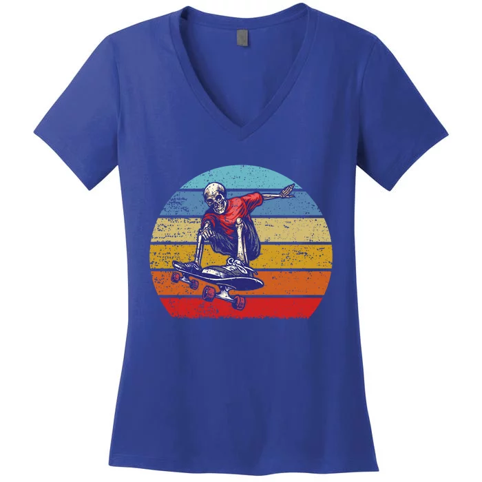 Skateboard Skeleton Skater Retro Vintage Skating Gift Women's V-Neck T-Shirt