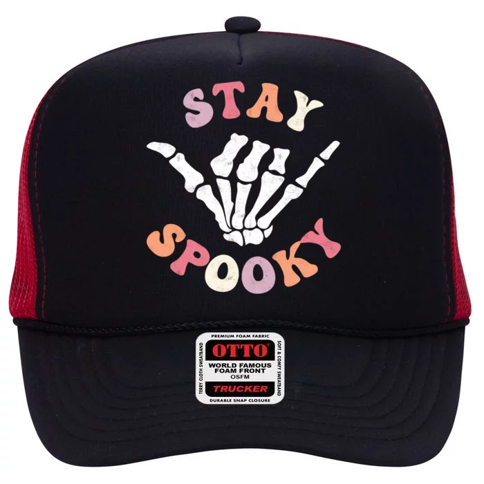 Stay Spooky Season Groovy Retro Halloween Skeleton Hand Great Gift High Crown Mesh Trucker Hat