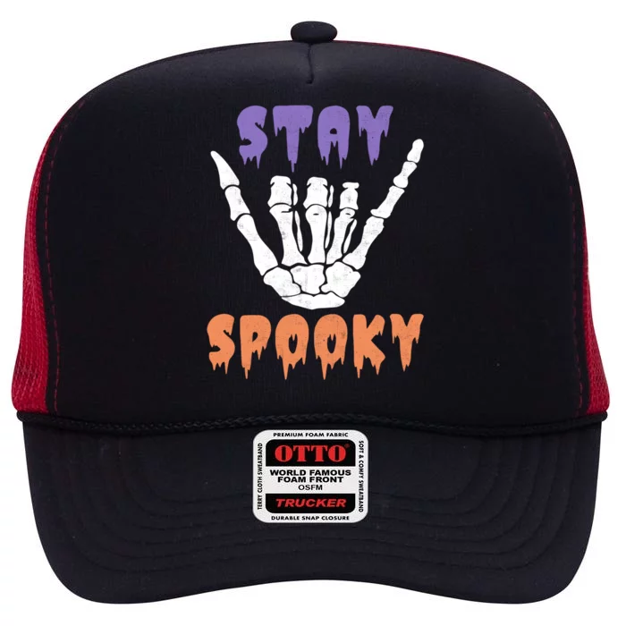 Stay Spooky Season Groovy Retro Halloween Skeleton Hand Gift High Crown Mesh Trucker Hat