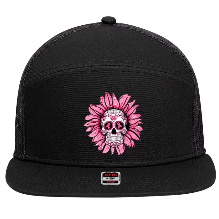 Sunflower Sugar Skull Breast Cancer Awareness 7 Panel Mesh Trucker Snapback Hat