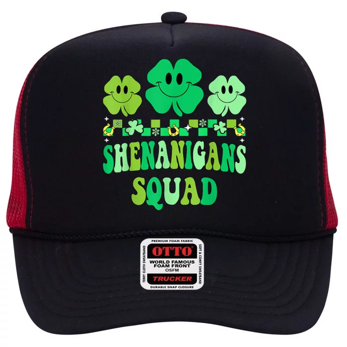 Shenanigans Squad St Patricks Day Shamrock Groovy Retro High Crown Mesh Trucker Hat