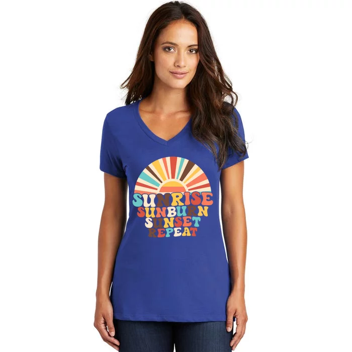 Sunrise Sunburn Sunset Repeat Summer Vibes Retro Beach Funny Gift Women's V-Neck T-Shirt