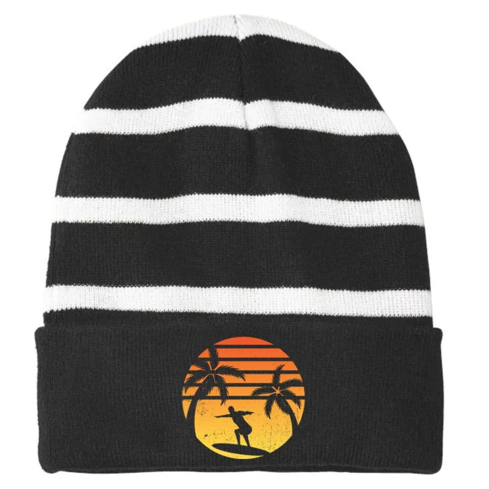 Summer Surf Sunset Retro Striped Beanie with Solid Band