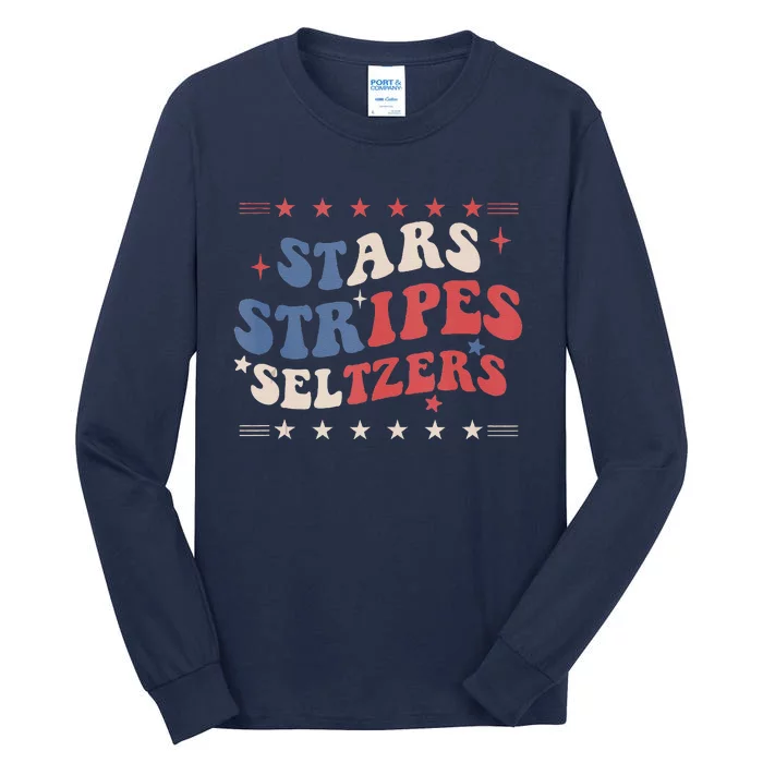 Stars Stripes Seltzers 4th Of July Patriotic Groovy Retro Tall Long Sleeve T-Shirt