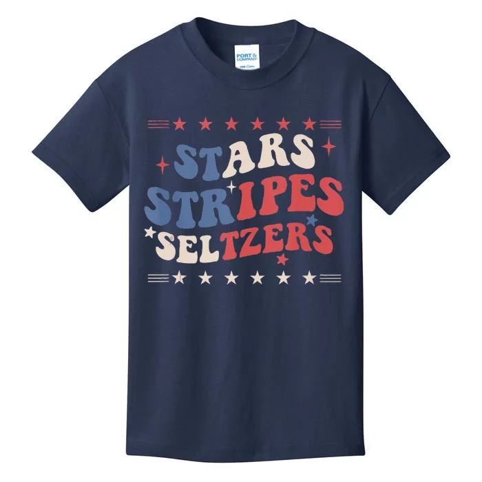 Stars Stripes Seltzers 4th Of July Patriotic Groovy Retro Kids T-Shirt