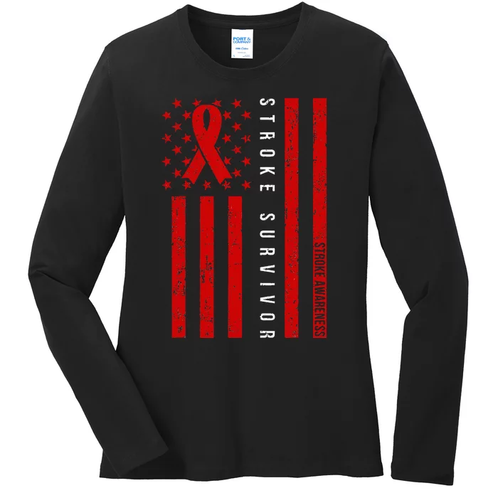 Stroke Survivor Stroke Awareness Red Ribbon Warrior Ladies Long Sleeve Shirt