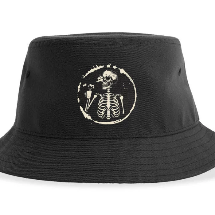 Spooky Skeleton Sipping Coffee Halloween Outfit Sustainable Bucket Hat