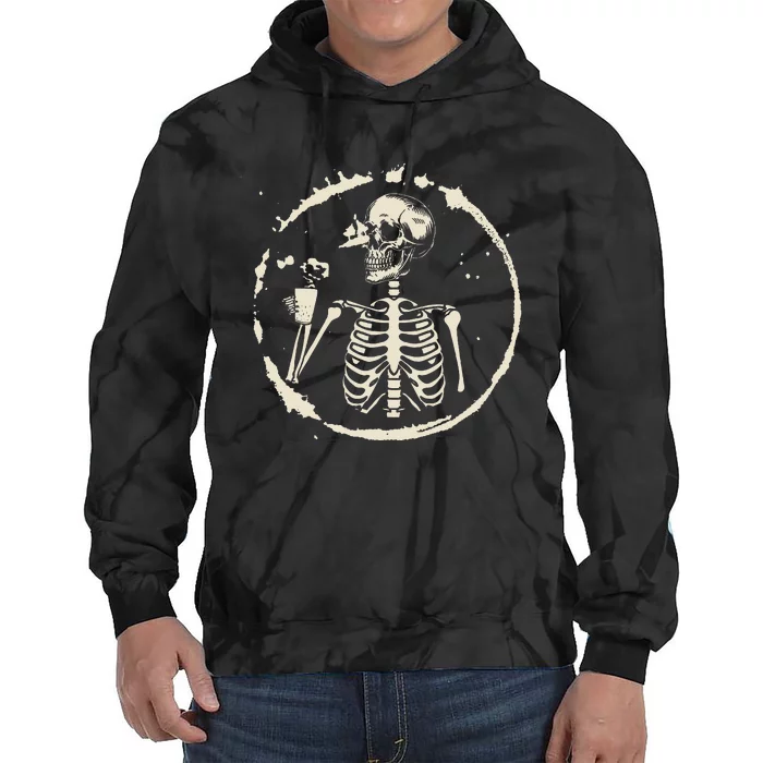 Spooky Skeleton Sipping Coffee Halloween Outfit Tie Dye Hoodie