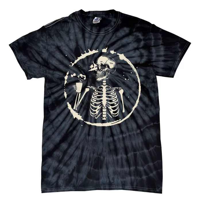 Spooky Skeleton Sipping Coffee Halloween Outfit Tie-Dye T-Shirt