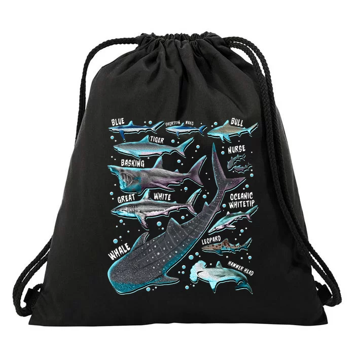 Shark Species Shark Gifts Shark Faces Tee Marine Biology Drawstring Bag