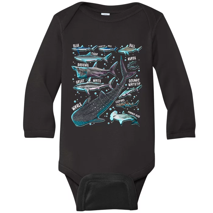 Shark Species Shark Gifts Shark Faces Tee Marine Biology Baby Long Sleeve Bodysuit