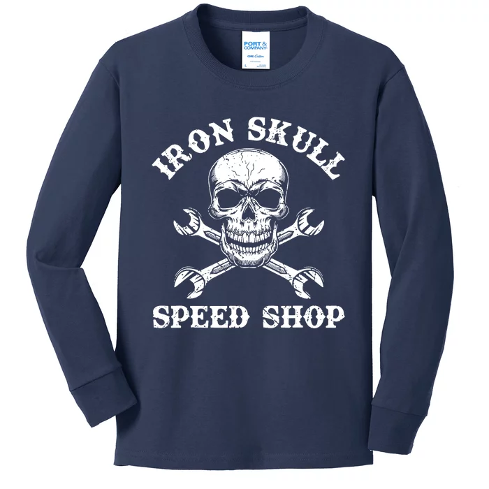 Skull Speed Shop Distressed Skull Crossed Wrenches Kids Long Sleeve Shirt