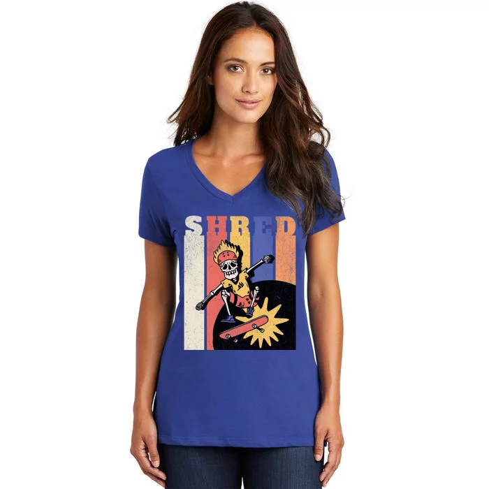 Skateboarding Skeleton Shred Vintage Skater On Skateboard Cute Gift Women's V-Neck T-Shirt