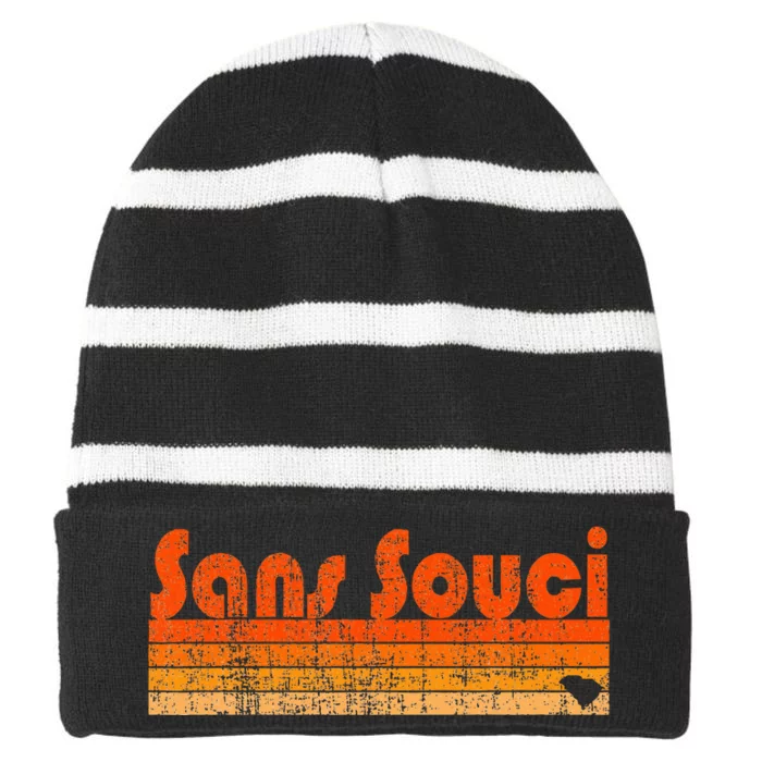 Sans Souci Sc Retro 80s Style Striped Beanie with Solid Band