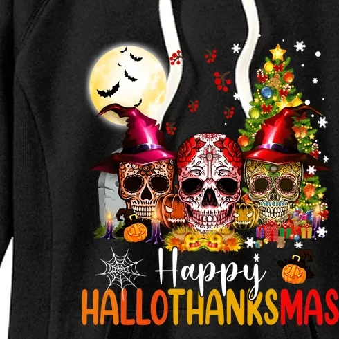 Sugar Skull Skeleton Halloween Xmas Happy Hallothanksmas Women's Fleece Hoodie