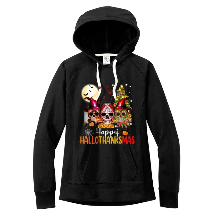 Sugar Skull Skeleton Halloween Xmas Happy Hallothanksmas Women's Fleece Hoodie