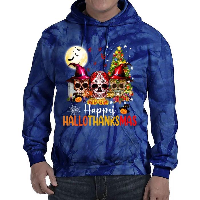 Sugar Skull Skeleton Halloween Xmas Happy Hallothanksmas Tie Dye Hoodie