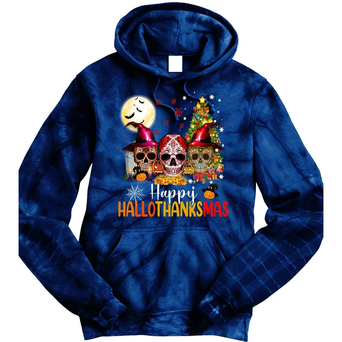 Sugar Skull Skeleton Halloween Xmas Happy Hallothanksmas Tie Dye Hoodie