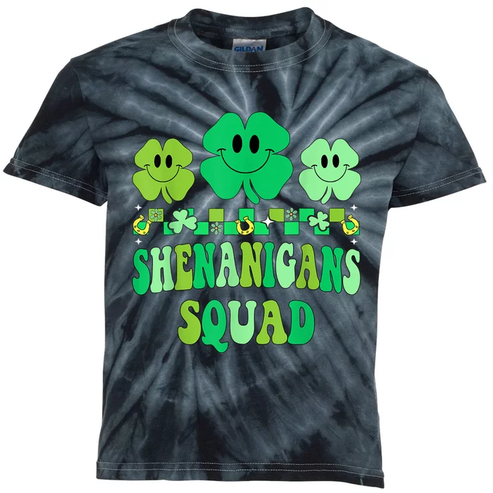 Shenanigans Squad St Patricks Day Boys Shamrock Groovy Retro Kids Tie-Dye T-Shirt