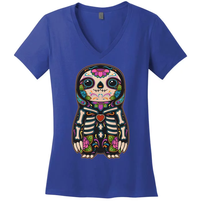 Sloth Sugar Skull Mexico Calavera Dia De Los Muertos Gift Women's V-Neck T-Shirt