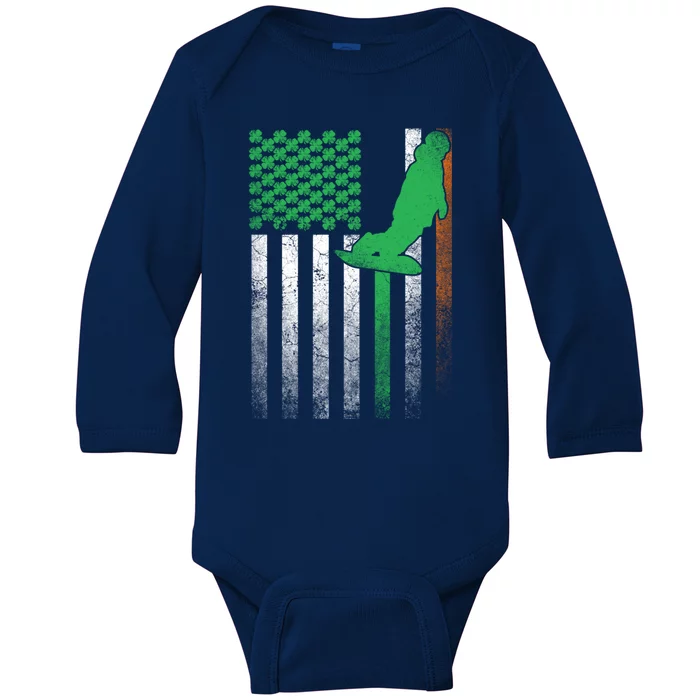 Snowboard Snow Ski Irish American Flag St Patricks Day Gift Baby Long Sleeve Bodysuit