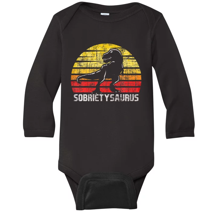 Sobrietysaurus Sober Sobriety Anniversary Recovery Aa Na Baby Long Sleeve Bodysuit