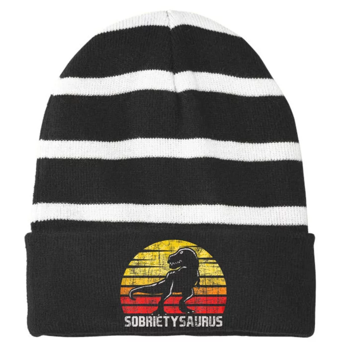 Sobrietysaurus Sober Sobriety Anniversary Recovery Aa Na Striped Beanie with Solid Band