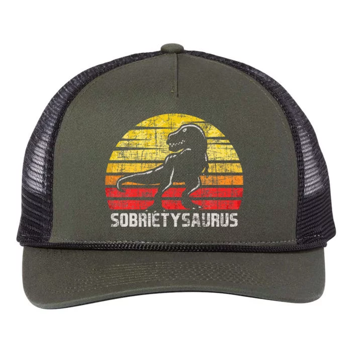 Sobrietysaurus Sober Sobriety Anniversary Recovery Aa Na Retro Rope Trucker Hat Cap