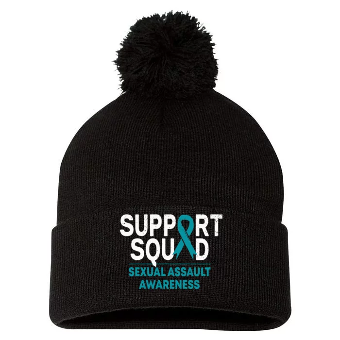 Support Squad Sexual Assault Awareness Month Teal Ribbon Pom Pom 12in Knit Beanie