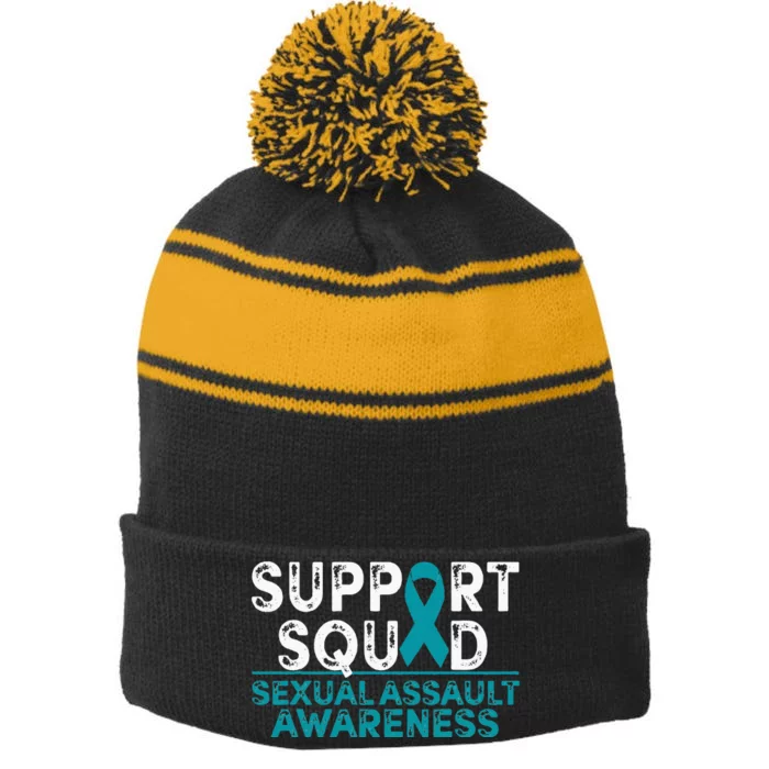 Support Squad Sexual Assault Awareness Month Teal Ribbon Stripe Pom Pom Beanie