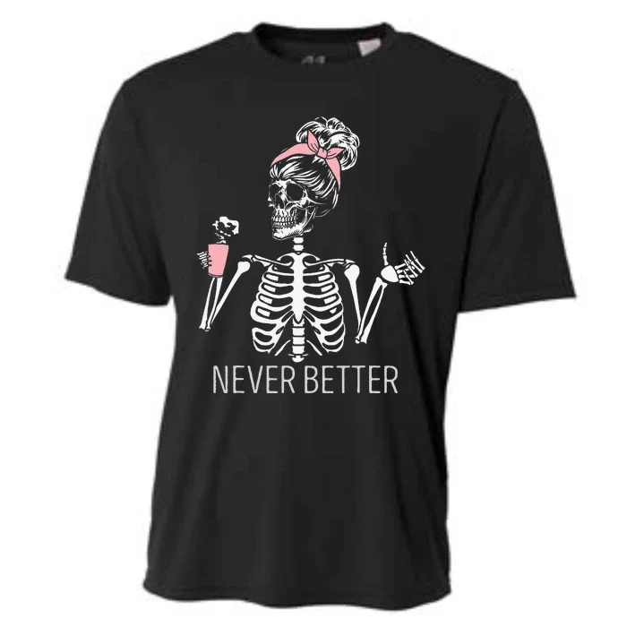 Spooky Skeleton Sipping Coffee Halloween Outfit Cooling Performance Crew T-Shirt