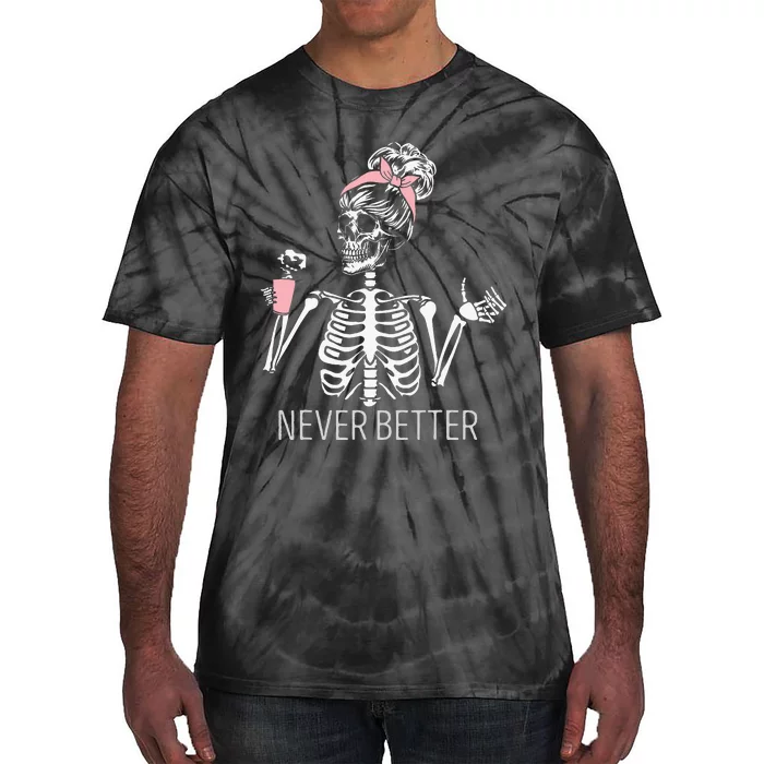 Spooky Skeleton Sipping Coffee Halloween Outfit Tie-Dye T-Shirt