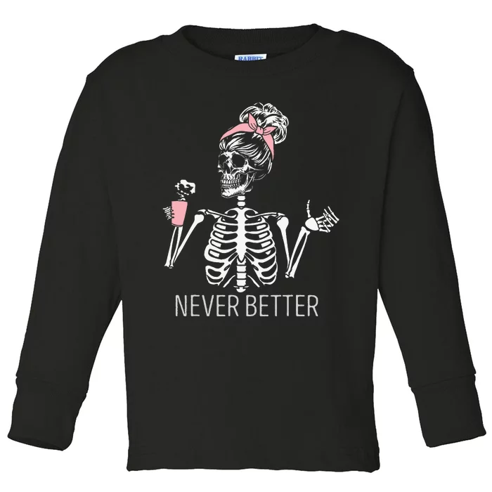 Spooky Skeleton Sipping Coffee Halloween Outfit Toddler Long Sleeve Shirt