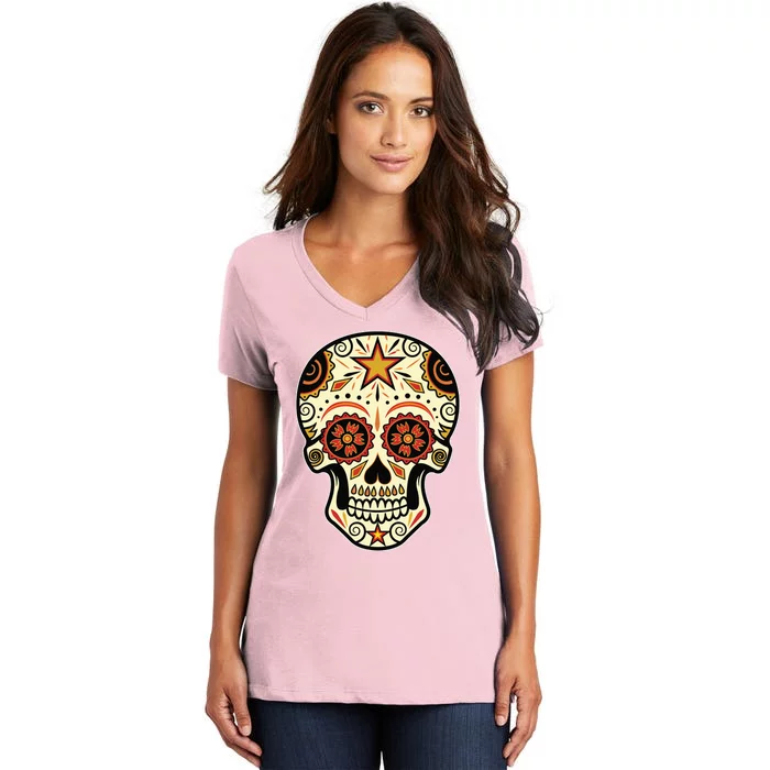 Sugar Skull Spanish Day Of Dead Dia De Los Muertos Women's V-Neck T-Shirt