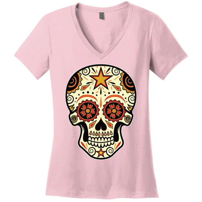 Sugar Skull Spanish Day Of Dead Dia De Los Muertos Women's V-Neck T-Shirt