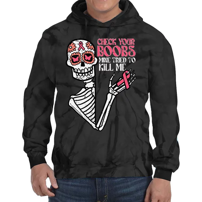 Sugar Skull Skeleton Funny Breast Cancer Awareness Tie Dye Hoodie